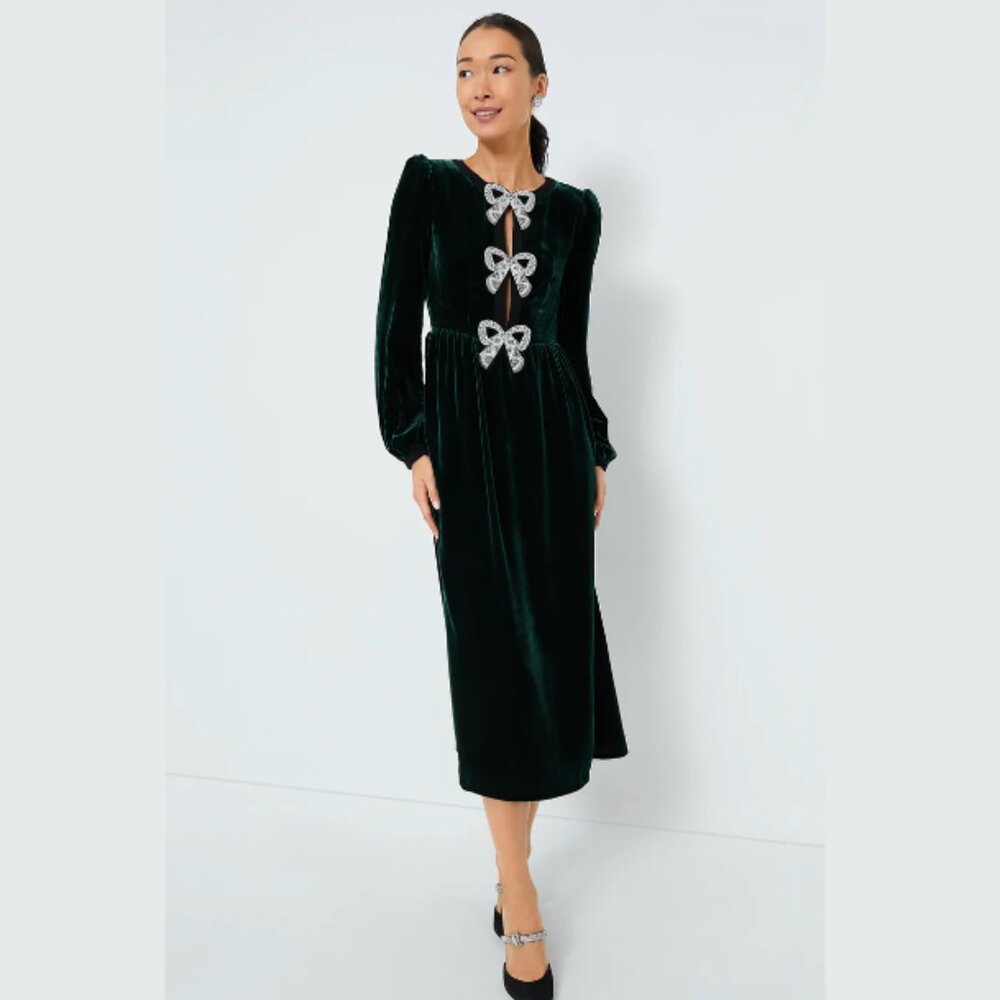 Saloni Camille Racing Green Velvet Dress 4 Jeweled Bows Midi Feminine Holiday - Picture 3 of 8